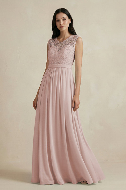 Lace Chiffon A - Line Round Neck Bridesmaid Dress in Toffee - SHE IS ME Bridesmaid Dresses