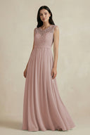 Lace Chiffon A-Line Round Neck Bridesmaid Dress in Toffee | KISSBRIDAL