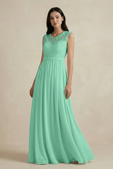 Lace Chiffon A - Line Round Neck Bridesmaid Dress in Turquoise - KISS BRIDAL Bridesmaid Dresses