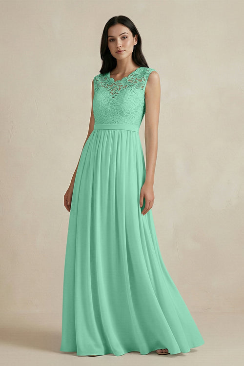 Lace Chiffon A - Line Round Neck Bridesmaid Dress in Turquoise - SHE IS ME Bridesmaid Dresses