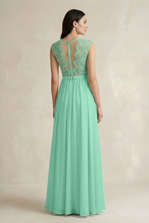 Lace Chiffon A - Line Round Neck Bridesmaid Dress in Turquoise - SHE IS ME Bridesmaid Dresses