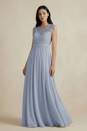 Lace Chiffon A - Line Round Neck Bridesmaid Dress in Twilight - SHE IS ME Bridesmaid Dresses