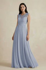Lace Chiffon A - Line Round Neck Bridesmaid Dress in Twilight - KISS BRIDAL Bridesmaid Dresses