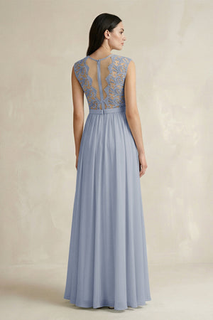 Lace Chiffon A - Line Round Neck Bridesmaid Dress in Twilight - SHE IS ME Bridesmaid Dresses