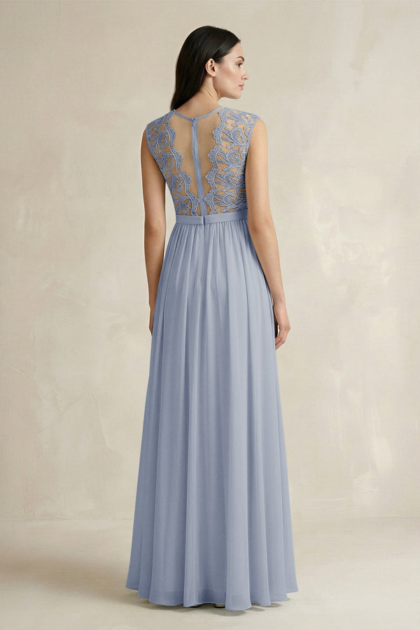 Lace Chiffon A - Line Round Neck Bridesmaid Dress in Twilight - SHE IS ME Bridesmaid Dresses