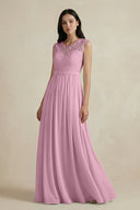 Lace Chiffon A - Line Round Neck Bridesmaid Dress in Vintage Mauve - SHE IS ME Bridesmaid Dresses