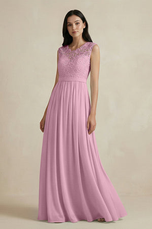 Lace Chiffon A - Line Round Neck Bridesmaid Dress in Vintage Mauve - SHE IS ME Bridesmaid Dresses