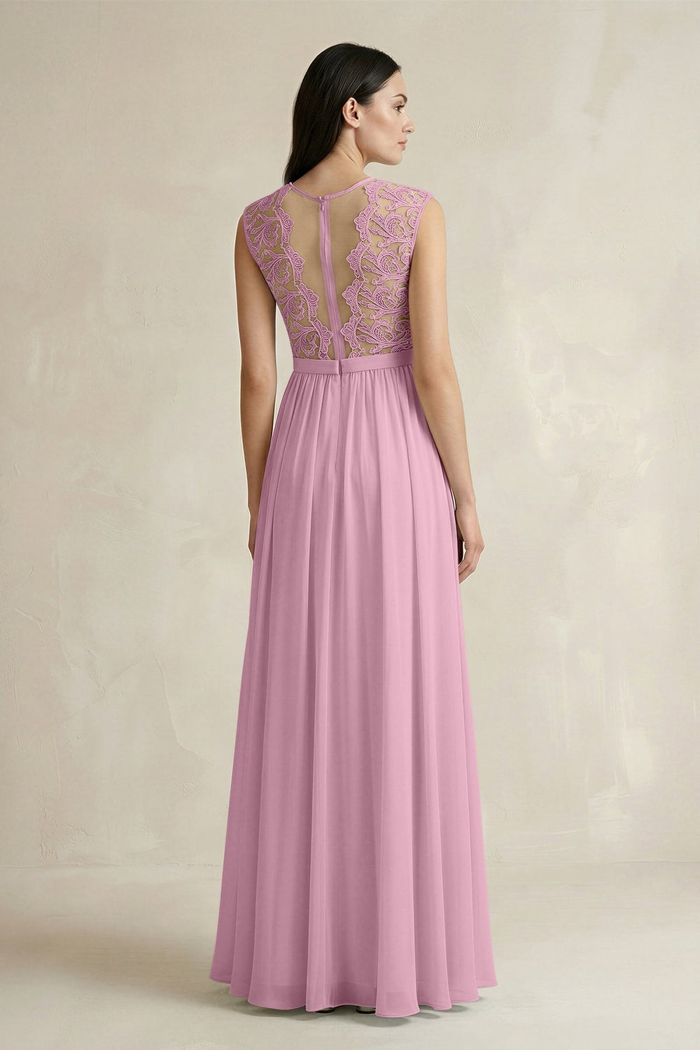 Lace Chiffon A - Line Round Neck Bridesmaid Dress in Vintage Mauve - KISS BRIDAL Bridesmaid Dresses