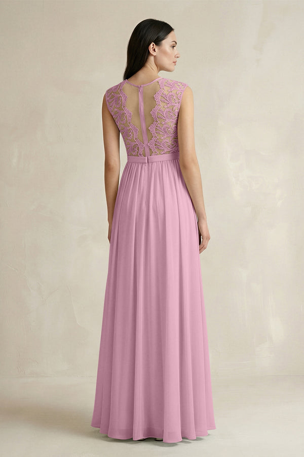 Lace Chiffon A - Line Round Neck Bridesmaid Dress in Vintage Mauve - SHE IS ME Bridesmaid Dresses