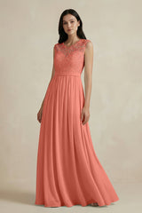 Lace Chiffon A - Line Round Neck Bridesmaid Dress in Wild Rose - KISS BRIDAL Bridesmaid Dresses