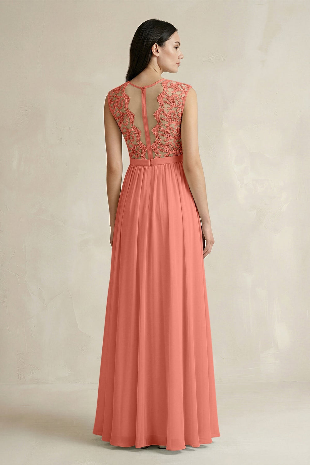 Lace Chiffon A - Line Round Neck Bridesmaid Dress in Wild Rose - KISS BRIDAL Bridesmaid Dresses