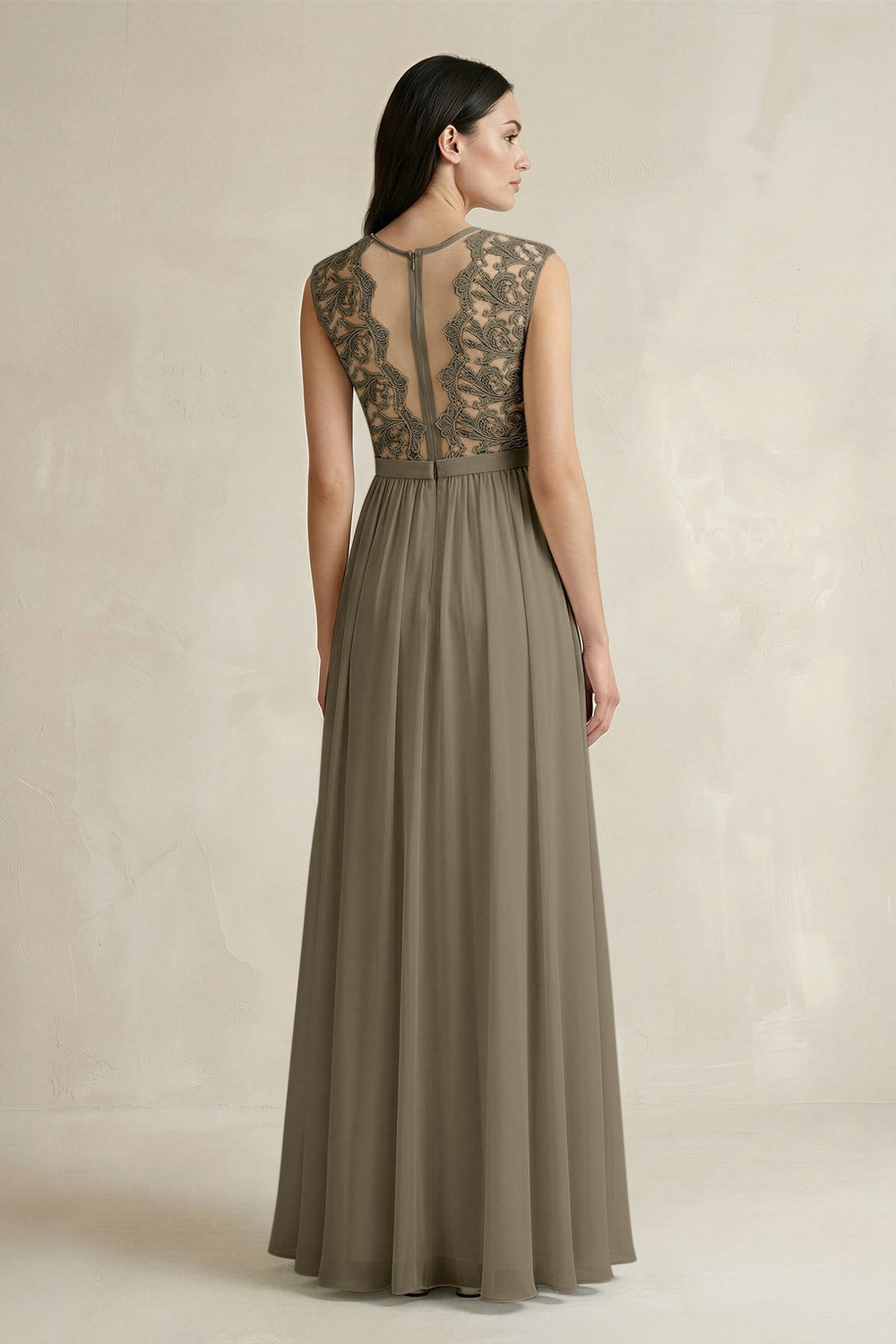 Lace Chiffon A - Line Round Neck Bridesmaid Dress in Willow Green - KISS BRIDAL Bridesmaid Dresses