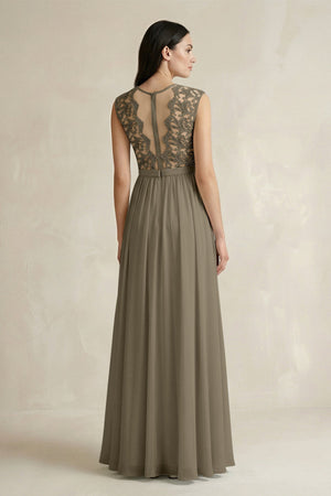 Lace Chiffon A - Line Round Neck Bridesmaid Dress in Willow Green - SHE IS ME Bridesmaid Dresses