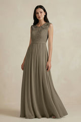 Lace Chiffon A - Line Round Neck Bridesmaid Dress in Willow Green - KISS BRIDAL Bridesmaid Dresses