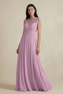 Lace Chiffon A - Line Round Neck Bridesmaid Dress in Wisteria - SHE IS ME Bridesmaid Dresses