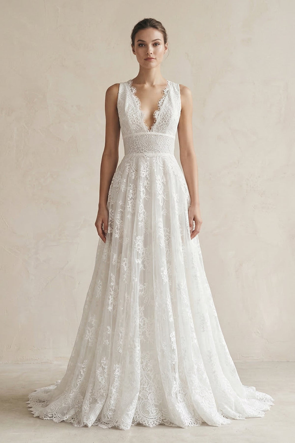 Lace Deep V - Neck A - Line Wedding Dress in White - KISS BRIDAL Wedding Dresses