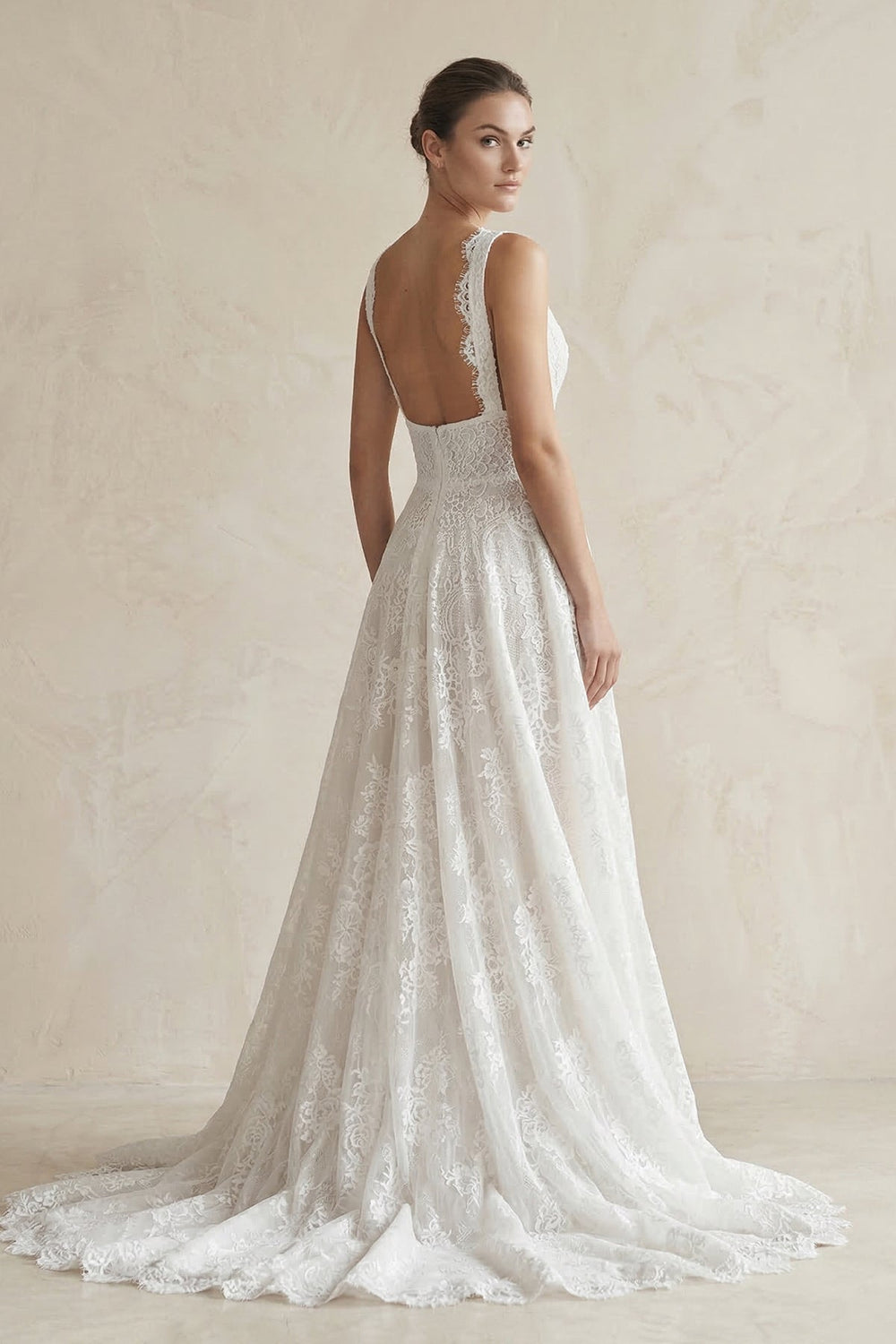 Lace Deep V - Neck A - Line Wedding Dress in White - KISS BRIDAL Wedding Dresses