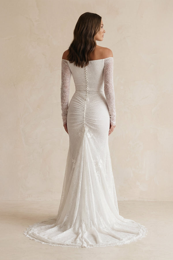 Lace Floral Corset Off - the - Shoulder Wedding Dress in Ivory - SHE IS ME Wedding Dresses