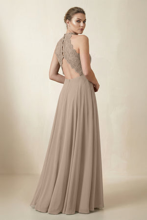 Lace Halter A-Line Chiffon Bridesmaid Dress in Almond (2) | KISSBRIDAL