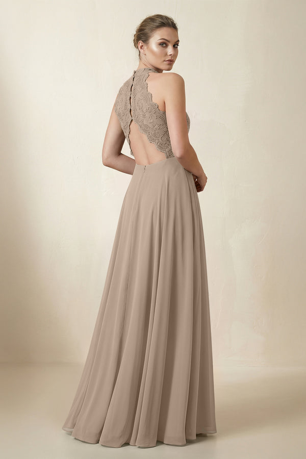 Lace Halter A-Line Chiffon Bridesmaid Dress in Almond (2) | KISSBRIDAL