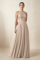Lace Halter A - Line Chiffon Bridesmaid Dress in Almond - KISS BRIDAL Bridesmaid Dresses