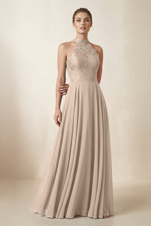 Lace Halter A - Line Chiffon Bridesmaid Dress in Almond - KISS BRIDAL Bridesmaid Dresses