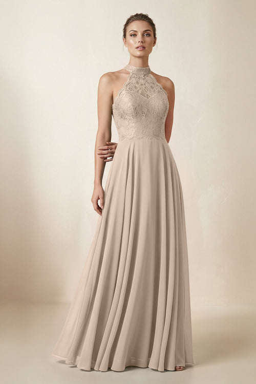 Lace Halter A - Line Chiffon Bridesmaid Dress in Almond - KISS BRIDAL Bridesmaid Dresses