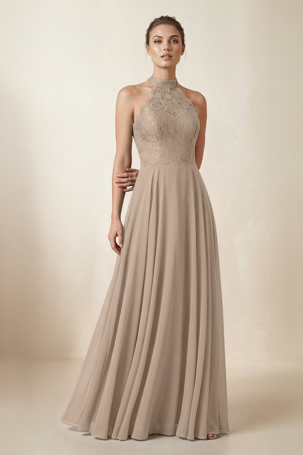 Lace Halter A-Line Chiffon Bridesmaid Dress in Almond