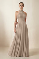 Lace Halter A-Line Chiffon Bridesmaid Dress in Almond | KISSBRIDAL