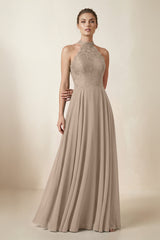 Lace Halter A-Line Chiffon Bridesmaid Dress in Almond | KISSBRIDAL