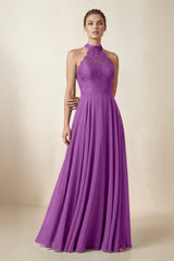 Lace Halter A - Line Chiffon Bridesmaid Dress in Amethyst - KISS BRIDAL Bridesmaid Dresses