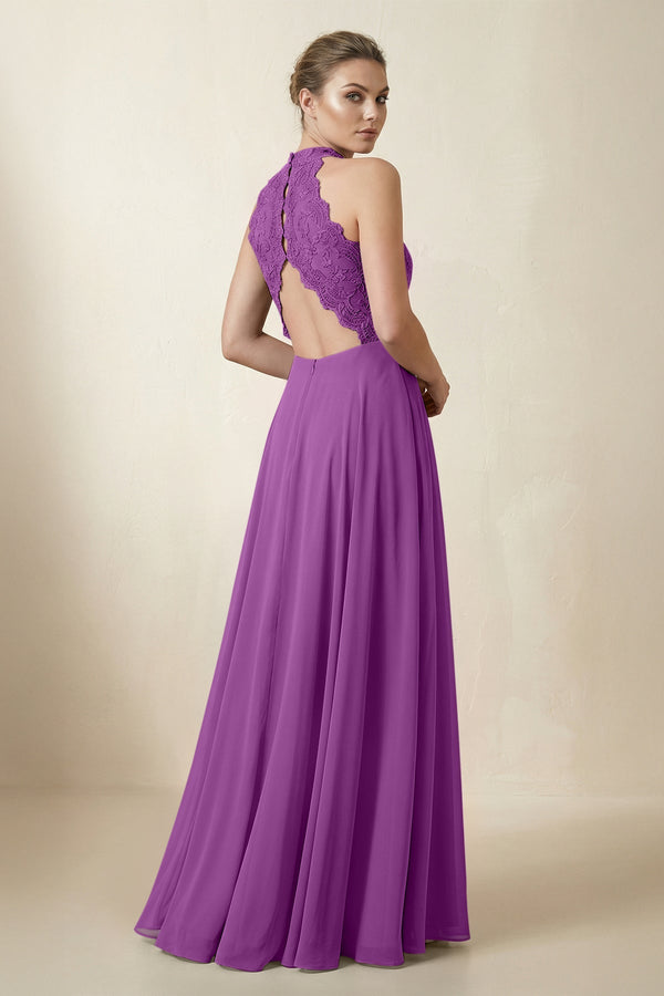 Lace Halter A - Line Chiffon Bridesmaid Dress in Amethyst - KISS BRIDAL Bridesmaid Dresses