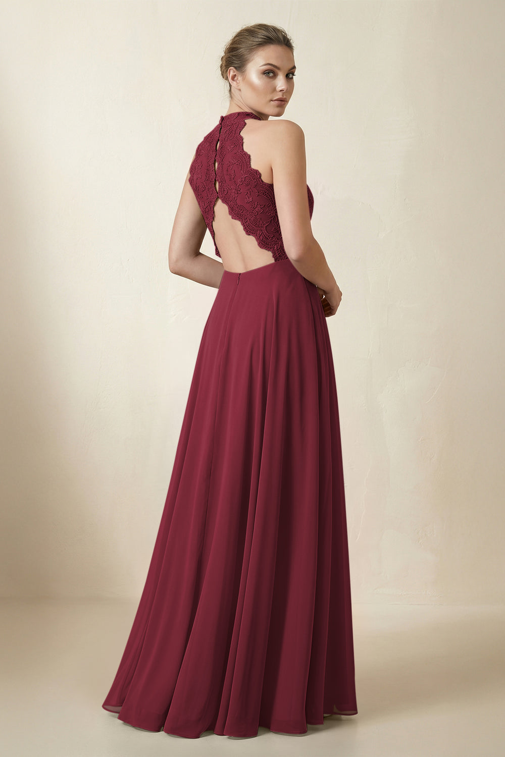 Lace Halter A-Line Chiffon Bridesmaid Dress in Berry