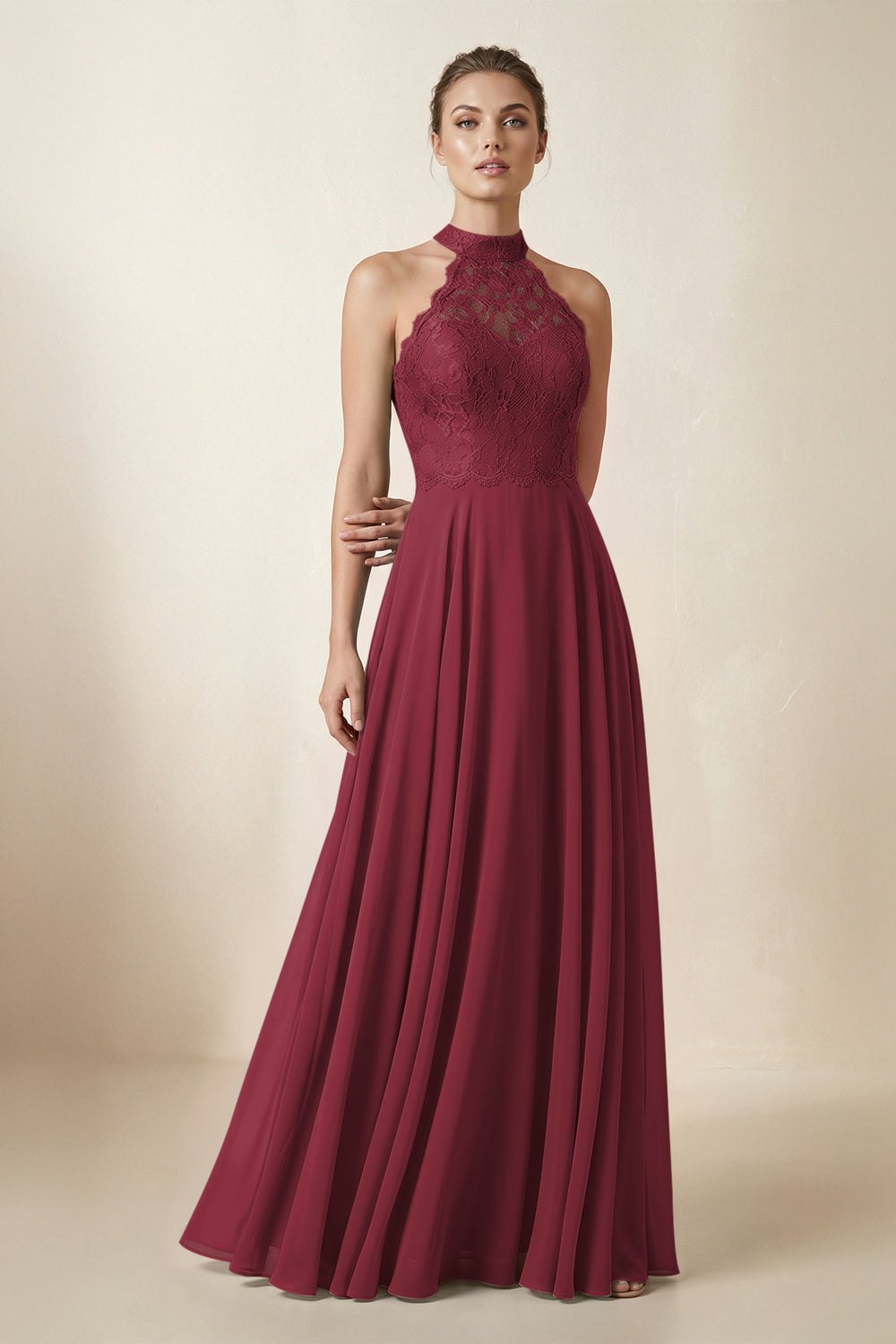 Lace Halter A-Line Chiffon Bridesmaid Dress in Berry