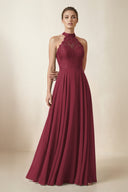 Lace Halter A-Line Chiffon Bridesmaid Dress in Berry | KISSBRIDAL