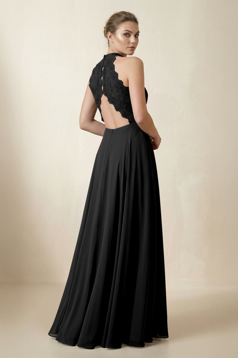 Lace Halter A - Line Chiffon Bridesmaid Dress in Black - KISS BRIDAL Bridesmaid Dresses