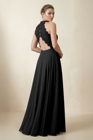 Lace Halter A - Line Chiffon Bridesmaid Dress in Black - KISS BRIDAL Bridesmaid Dresses