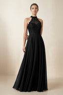 Lace Halter A - Line Chiffon Bridesmaid Dress in Black - KISS BRIDAL Bridesmaid Dresses