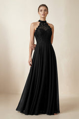 Lace Halter A - Line Chiffon Bridesmaid Dress in Black - KISS BRIDAL Bridesmaid Dresses