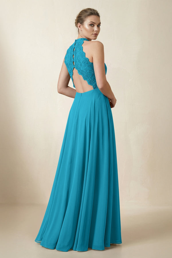 Lace Halter A - Line Chiffon Bridesmaid Dress in Blue Jay - KISS BRIDAL Bridesmaid Dresses