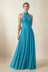 Lace Halter A - Line Chiffon Bridesmaid Dress in Blue Jay - KISS BRIDAL Bridesmaid Dresses