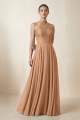 Lace Halter A - Line Chiffon Bridesmaid Dress in Bronzer - KISS BRIDAL Bridesmaid Dresses