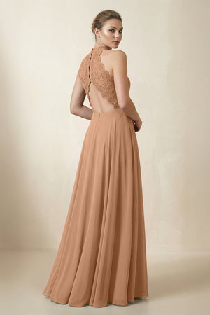 Lace Halter A - Line Chiffon Bridesmaid Dress in Bronzer - KISS BRIDAL Bridesmaid Dresses