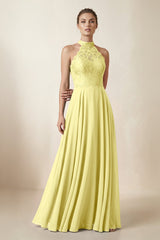 Lace Halter A - Line Chiffon Bridesmaid Dress in Buttercup - KISS BRIDAL Bridesmaid Dresses