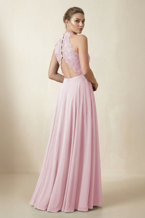 Lace Halter A - Line Chiffon Bridesmaid Dress in Candy Pink - KISS BRIDAL Bridesmaid Dresses