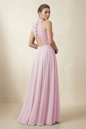 Lace Halter A-Line Chiffon Bridesmaid Dress in Candy Pink (2) | KISSBRIDAL
