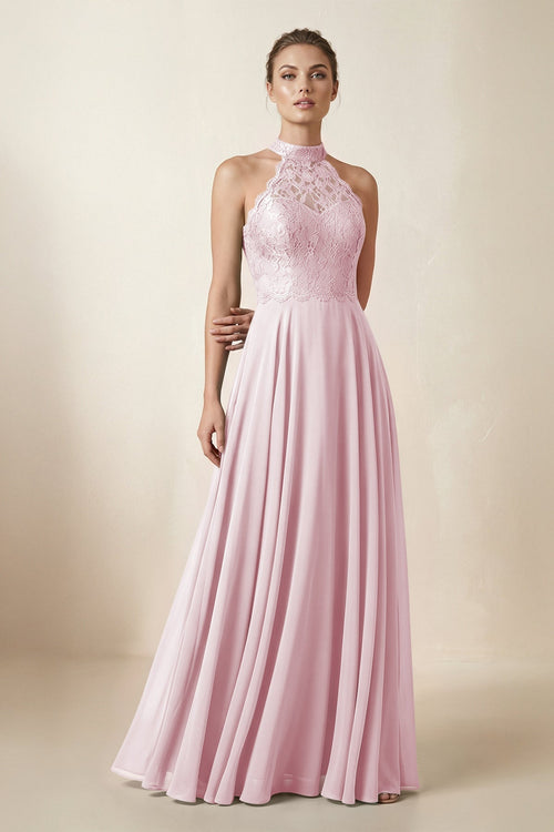 Lace Halter A - Line Chiffon Bridesmaid Dress in Candy Pink - KISS BRIDAL Bridesmaid Dresses