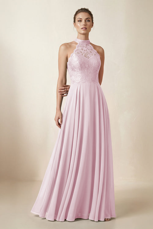 Lace Halter A-Line Chiffon Bridesmaid Dress in Candy Pink | KISSBRIDAL