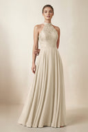 Lace Halter A - Line Chiffon Bridesmaid Dress in Champagne - KISS BRIDAL Bridesmaid Dresses