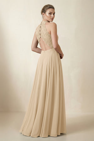 Lace Halter A-Line Chiffon Bridesmaid Dress in Champagne (2) | KISSBRIDAL